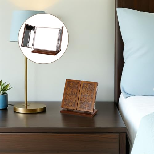 VALICLUD Wood Carve Pattern Folding Three-Sided Makeup Mirror with Stable Base 7.08X6.88X3.93 Inch Desktop Vanity Mirror for Home Use