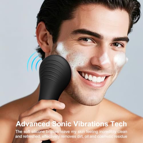 OWLMATE Facial Cleansing Brush, Electric Face Scrubber for Men & Women Waterproof Rechargeable Sonic Vibrating Soft Silicone Face Cleanser Brush for Deep Cleansing, Exfoliating, Massaging (Black)