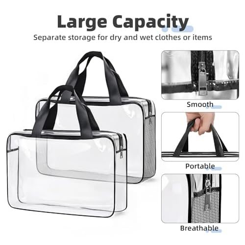 ABSOFINE Clear Toiletry Bag for Travel Size Toiletries, 4 Pack Large Waterproof PVC Makeup Bags with 2 Pack Airport Security Liquids Bags, Travel Essentials toiletry Bottles for Women Girls Men