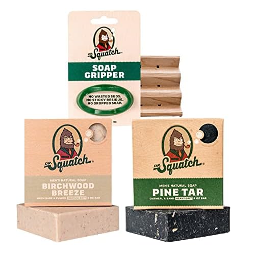 Dr. Squatch Basic Squatch Forest Pack - Pine Tar and Birchwood Breeze - Handmade Bar Soap With Organic Oils, Soap Gripper and Saver