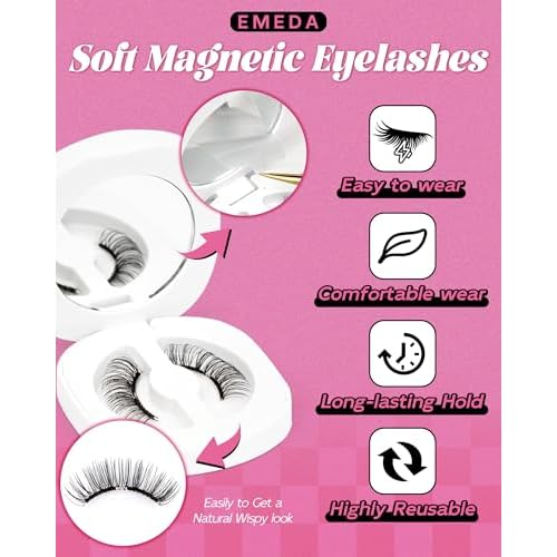 Natural Look Magnetic Eyelashes Magnet - Lashes Reusable Double Sided Magnetic Lashes With Applicator and Mirror, Easy To Wear And Remove, No Glue Needed Strip Lashes, Black Faux Cils by EMEDA (#29)