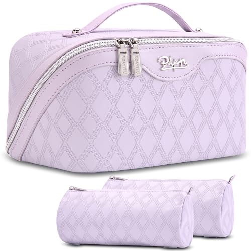 BOYATU Travel Makeup Bag for Women: 3-Piece Quilted Cosmetic&Toiletry Organizer - 2 Detachable Pouches Expandable Storage for Travel Essentials,Opens Flat for Packing,Waterproof PU Leather(Purple)