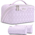 BOYATU Travel Makeup Bag for Women: 3-Piece Quilted Cosmetic&Toiletry Organizer - 2 Detachable Pouches Expandable Storage for Travel Essentials,Opens Flat for Packing,Waterproof PU Leather(Purple)