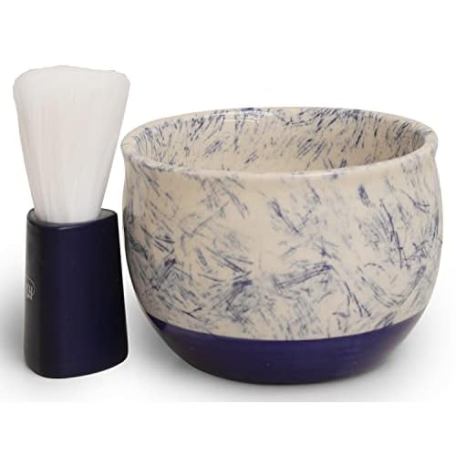 ETROVES Ceramic Shaving Bowl | Scuttle Leather Bowl for Men, Easy Leather Soap Bowl, 4 Inch, White Blue