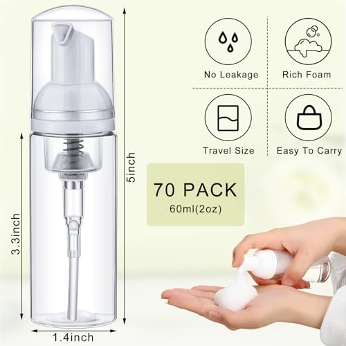 70 Pcs 2 oz Plastic Foam Soap Dispensers Refillable Lash Shampoo Bottles with Pump Mini Eyelash Cleaning Foam Bottle Dispenser for Refillable Travel Cosmetics (Transparent)