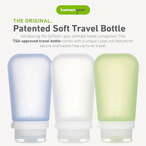 humangear GoToob+ 3-Pack (Large) | Refillable Silicone Travel Bottle | Locking Lid | Food-Safe Material, Clear/Green/Blue, Large (3.4 fl.oz.; 100ml)