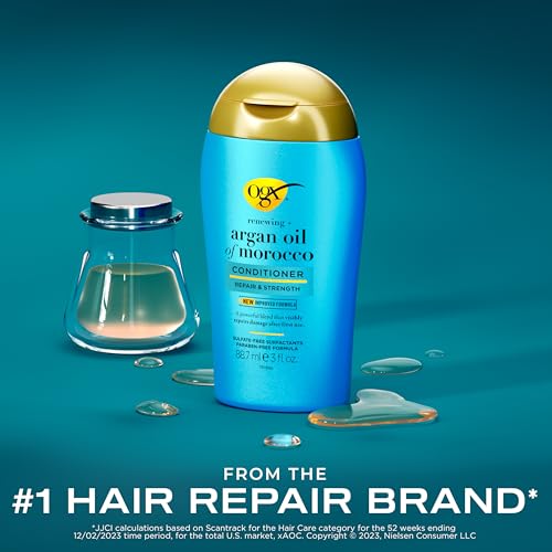 OGX Renewing + Argan Oil of Morocco Conditioner, Damage Repairing Conditioner + Argan Oil to Help Strengthen & Repair Dry, Damaged Hair, Travel Size, TSA-Compliant, 3 fl. oz
