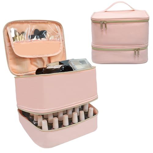 Nail Polish Organizer Case, Double-Layer Nail Supplies Organizer Holds 30 Bottles & Nail Lamp, Professional Nail Kit Storage Makeup Carrying Case (Pink)