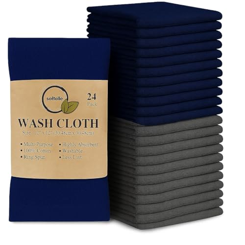 Softolle 100% Cotton Washcloths 24 Pack (12x12 Inches) Soft, Highly Absorbent Washcloth, Face Towels, Wash Cloths for Face, Ring Spun, Bulk Pack (Blue/Grey)