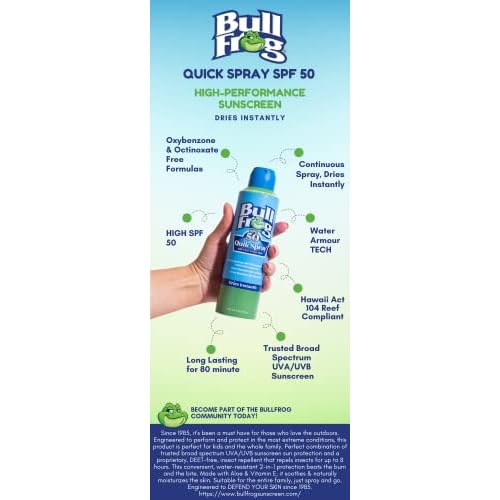 Bullfrog Quik Spray Sunscreen SPF 50 | Oxybenzone & Octinoxate Free | Broad Spectrum Moisturizing UVA/UVB, 6oz