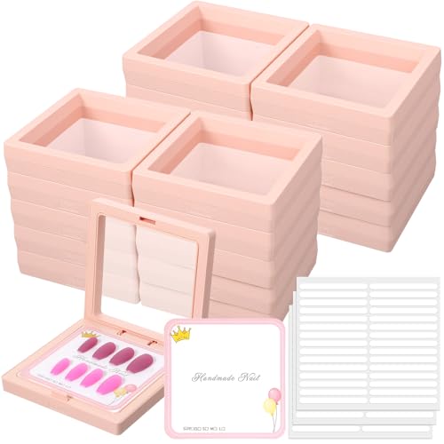 30 Pcs Press on Nail Packaging Box with 90 Pcs Adhesive Double Sided Tape Artificial Nail Display Case Storage Container Box Acrylic Packaging Organizer for Art Home Salon(Pink)
