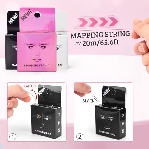 ATOMUS Eyebrow Mapping String 3 Pack Pre-inked 20m(65.6ft) Microblading String for Brow Marking 3 Colors Black White Pink Measuring String for Eyebrow Makeup