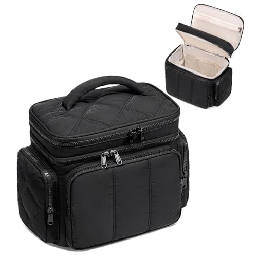 LEDAOU Toiletry Bag for Women, Quilted Travel Makeup Bag Organizer with Double Deck, Large Wide-open Cosmetic Make up Bag for Travel Essentials (Black Puffy)