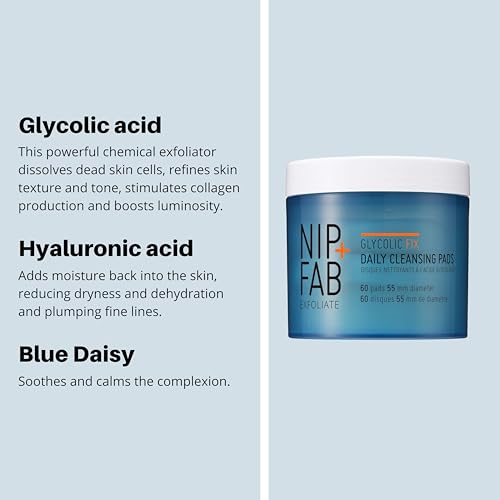Nip + Fab - Glycolic Fix Daily Cleansing Pads - Glycolic Acid Exfoliating Pads - Daily Facial Cleanser - With Hyaluronic Acid and Blue Daisy - Biodegradable Skincare Pads - 60 Pads
