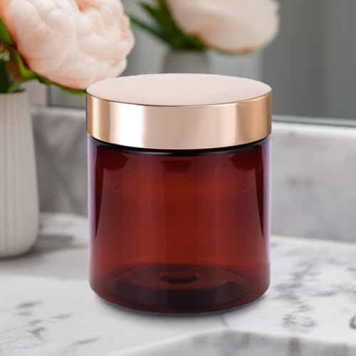 (12 Pack) 8 oz Amber PET Plastic Jar with Luxury Gold Metal Overshell Lid