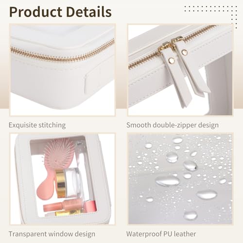 2 Pcs Clear Makeup Bag Set, PU Leather Cosmetic Pouch with Transparent Window & Double-Zipper Design, Women Waterproof Travel Organizer for Car Storage and Office Daily Use (White)