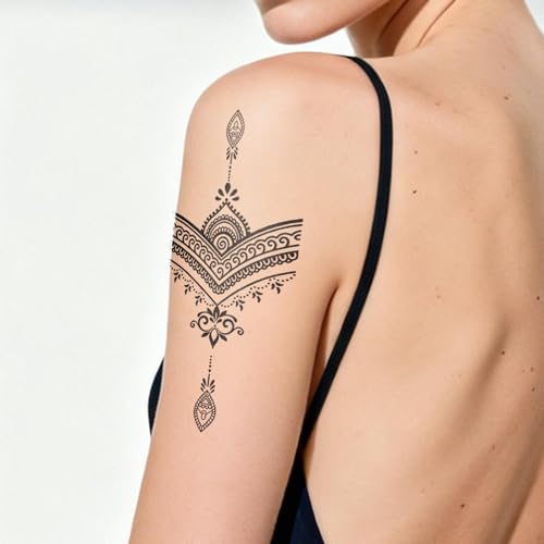 Semi Permanent Tattoos, 2 Sheets Realistic Temporary Tattoos for Women, Fake Tattoos for Hand Fingers Neck, Waterproof, No Reflective, Lasts 1-2 Weeks (Bohemian Geometric & Ethnic Henna Designs)