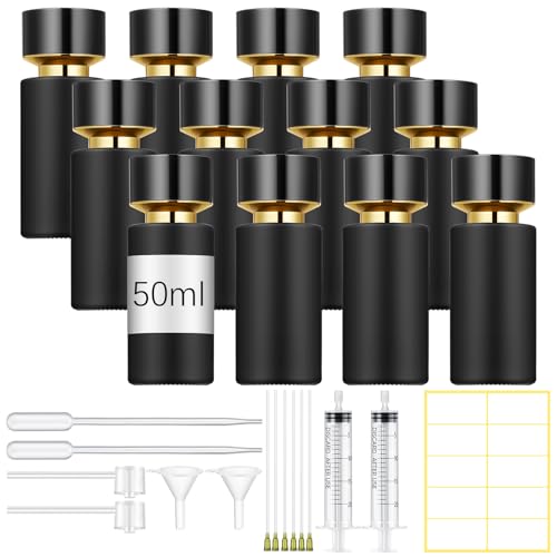 12 Pack 50 ml Glass Perfume Bottles and Refill Tools Set, Travel Perfume Atomizer Spray Bottles, Portable Empty Refillable Atomizer Decanters with Dispenser Transfer Kit (Black)