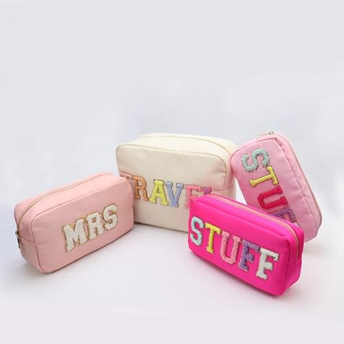 Extral Large Cosmetic Bag Makeup Pouch Bag Case Nylon With Chenille Letter Patches (Beige#TRAVEL, XL)