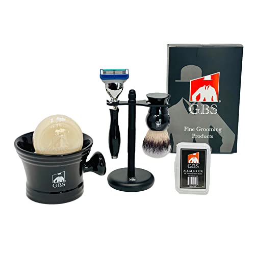 G.B.S Wet Shaving Kit, Black Razor Blade, Black Handle Synthetic Bristle Brush and Mug, Alum Block and Soap