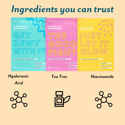 Patchology "All the Feels Sheet Masks - Hydrating Face Masks for dry skin and blotchy redness. Facial Sheet Mask Skincare Treatment to reduce puffiness, redness and wrinkles (3 Piece Set) (Pack of 2)