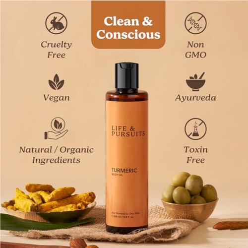 Life & Pursuits Turmeric Body Oil - Ayurvedic Natural Body Massage Oil with Vitamin E, Coconut Oil, Almond & Squalane| Reduces Dark Spots, Brightens Skin (6.8 Fl Oz (1Pack))