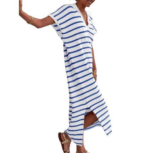 Saodimallsu Womens Striped Summer Dresses Short Sleeve V Neck Knit Collared Sexy Slit Loose Maxi Sweater Dress