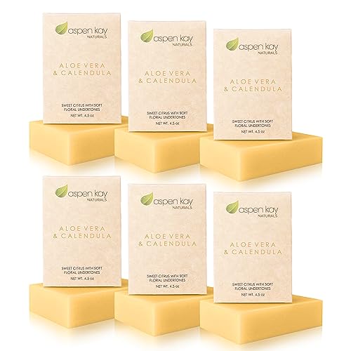 Aloe Vera & Calendula Soap, Natural & Organic Ingredients, Organic Aloe Vera, Calendula & Turmeric Soap. Use for Face & Body. for Men, Women & Teens. Gentle Face Wash. (Pack of 6)