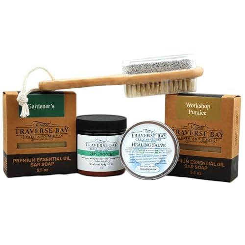 Gardeners Gift Box, Gardeners Soap, Workshop Pumice Soap, Long Handle Pumice Stone and Nail Brush, Hand and Body Lotion, 2 oz Tin Healing Salve. Great Valentines Day Gift!
