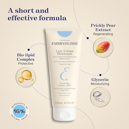 Embryolisse Foaming Cream Milk. Hydrating Cleanser for Face and Body, Soap-Free, Vegan Formula, 6.76 Fl Oz
