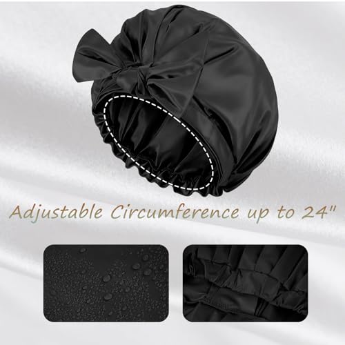 Shower Cap for Women Reusable Waterproof, Large Satin Shower Bonnet, Washable Bath Hat for Long Hair, Braids, Curly Hair, Pink + Black
