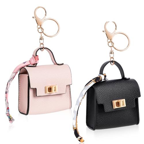 2 PACK Mini Backpack Keychain, Cute Cosmetic Bag for Purse with Wrist Strap, PU Leather Makeup Bag Headphone Pouch for Girls Women, Birthday/Party/Christmas Gifts (Ladder-Black+Pink)