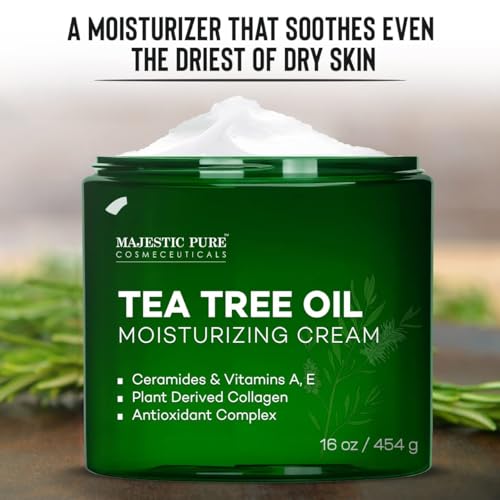 Majestic Pure Tea Tree Oil Moisturizing Cream - Body, Foot & Face Moisturizer - With Ceramides, Vitamins A E & Vegan Collagen - For Dry Skin, Oily Skin, & Appearance Of Wrinkles - 16 oz