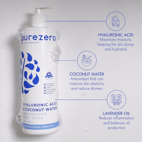 Purezero Hyaluronic Body Wash Deep Moisturizer - Soft Skin Hydration - Moisturizing Skin Cleanser + Coconut Water - No Sulfates, Parabens, Dyes (2 Pack)