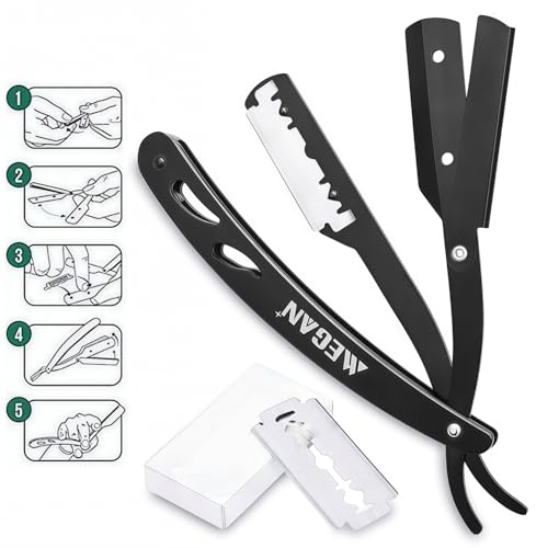 Megan beard shaping tool,5 piece set beard shaper for man - include professional straight edge razor,template guide,10 count of double edge blades,barber pencil and stainless steel scissors.