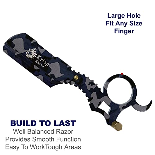 Straight Razor with 10 Shaving Blades Razors for Men - Professional Barber Straight Edge Razor for Close Shaving Cut Throat Shavette Men Beard Shave Manual Blade Holder By Krisp Beauty Blue Camo