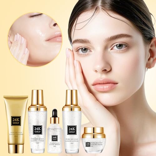 24K Gold Skincare Set 5 Piece,Moisturizing Face Skin Care Kit with Facial Cleanser,Face Serum,Face Cream,Face Lotion,Face Toner,24K Women Skincare Set For All Skin Types
