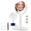 20X/1X Magnifying Makeup Mirror with Lights, Double-Sided Home Vanity Mirror with 3 Color Brightness Adjustable, 360¡Æ Rotation, Adjustable Height, Rechargeable, Phone Holder and Storage Tray
