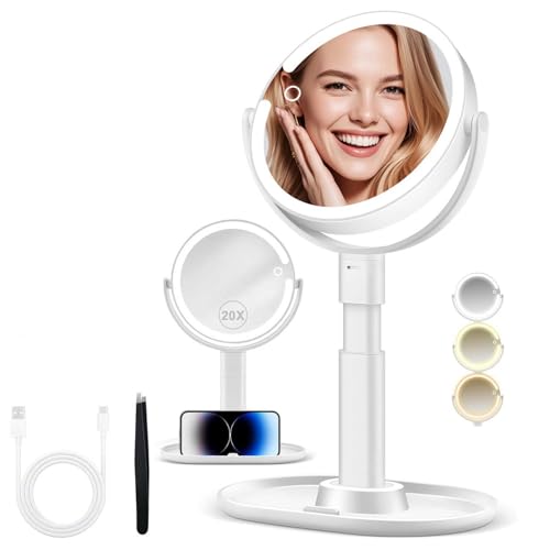 20X/1X Magnifying Makeup Mirror with Lights, Double-Sided Home Vanity Mirror with 3 Color Brightness Adjustable, 360¡Æ Rotation, Adjustable Height, Rechargeable, Phone Holder and Storage Tray