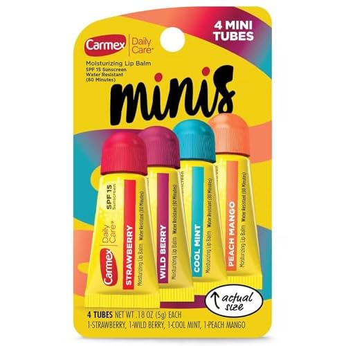 Carmex Daily Care Minis Moisturizing Lip Balm Tubes with SPF 15, Strawberry, Cool Mint, Wild Berry and Peach Mango Lip Balm Pack - 0.18 oz each, 4 Count