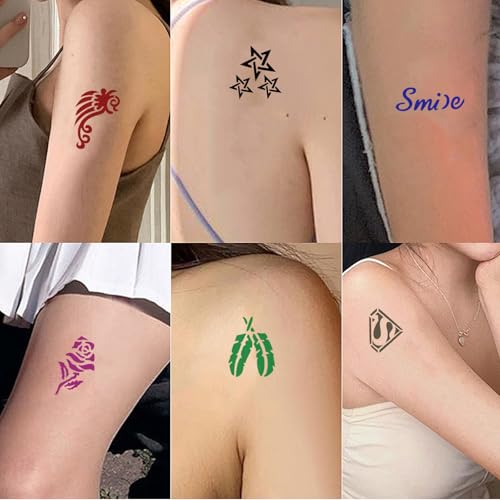 95 PCS Temporary Tattoos Stencils Kit,Temporary Tattoos Kit - 6 Pcs 3 Color(black*1,brown*4 & Red*1) Ink with 6 removal wipes,10 disposable cotton swabs DIY Body Art Painting for Women Men Adults