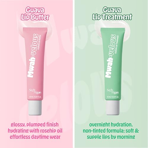 SoloVegan Mwah-velous Guava Lip Duo for Day & Night - Hydrating Lip Butter with Rosehip Oil, Guava & Nourishing Lip Treatment with Hyaluronic Acid for Soft, Plump Lips