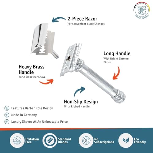 MERKUR 38C Double Edge Safety Razor - Bright Chrome, Extra Large Barber Pole Grip Brass Handle, Made in Germany, Plastic-Free, Two Piece Design, Closed Comb, Straight Bar