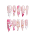 Petal Whisper 10PCS Long Pink Floral Gradient Press On Nails, 3D Flower Pearl Gold Accent Elegant Wedding Fake Nails for Women, Soft Glam Korean Style Acrylic UV Gel Press-On Nails Set (Pink, M)