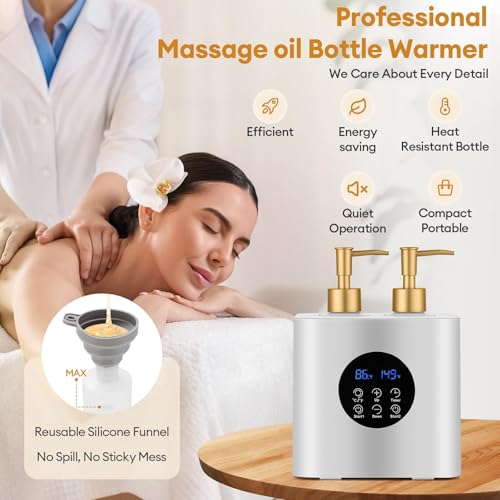 Massage Oil Warmer Heater with 4 Massage Oil Bottles and 2 Funnels,Adjustable Temp (86?149¡ÆF)&Timer (0.5?24H) Lotion Warmer,Dual Bottle Heated Oil Dispenser for Spa, Salon & Home Use(Silver)