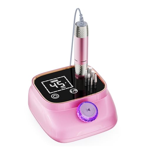 Electric Nail Drill 45000 RPM, Professional Rechargeable Nail File Kit, Nail Drill Machine, Nail Grinder, Acrylic Nail Kit for Any Manicure, Pedicure, Gel Polishing Removing, Pink
