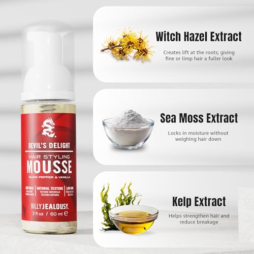 Billy Jealousy Devil¡¯s Delight Hair Styling Mousse for Men ? Light Hold for Volume & Lift, Frizz Control ? Hydrates with Sea Moss & Kelp ? Travel Size, Silicone-Free, Vegan, Black Pepper Vanilla Scent