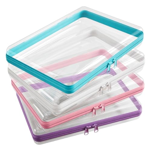 4 Pcs Clear Hard Zipper Case Hard-Sided Premium Storage Case Plastic Clear Hard Shell Zipper Pouch Portable Travel Organizer Box for Building Blocks Puzzles Cosmetics Makeup Pencil (M)