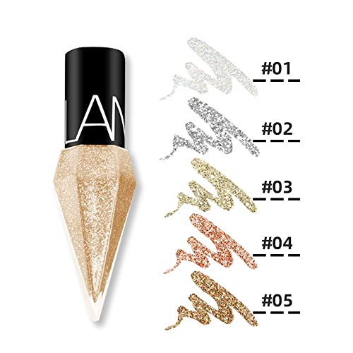 Go Ho Glitter Liquid Eyeliner Colorful Set,5 Colors Metallic Shimmer White Silver Gold Diamond Eye Liner,Glitter Eyeliner Eyeshadow Shine,Waterproof Long Lasting Glow Sparkle Eye Makeup