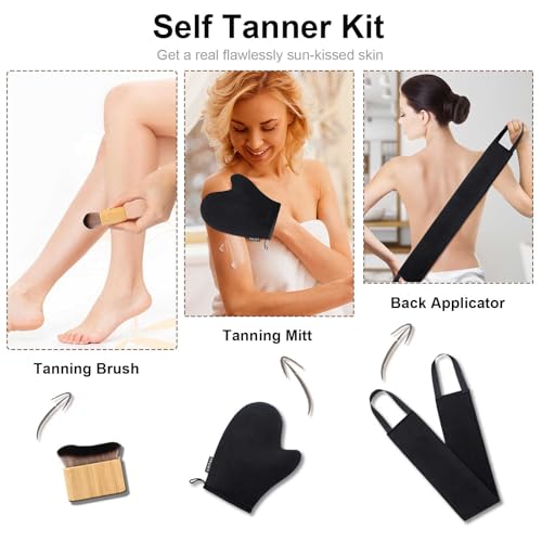 3 in 1 Self Tanning Mitts Self Tanner Mitt Applicator Kit - Tanning Glove for Self Tan Mitt, Tanning Brush for Self Tan Back Tanning Applicator Kabuki Body Brush Self Tanner Back